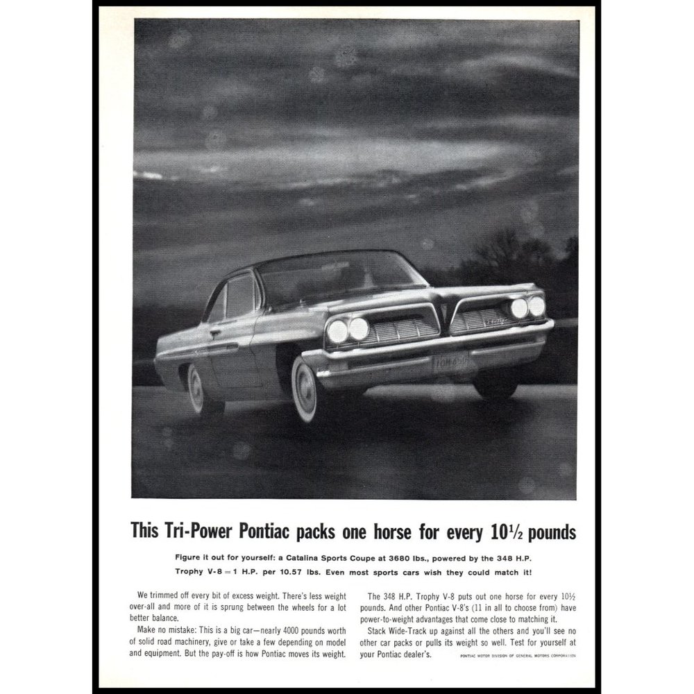 1961 Pontiac Catalina Sports Coupe Hardtop Vintage Print Ad White Wall Tire Art